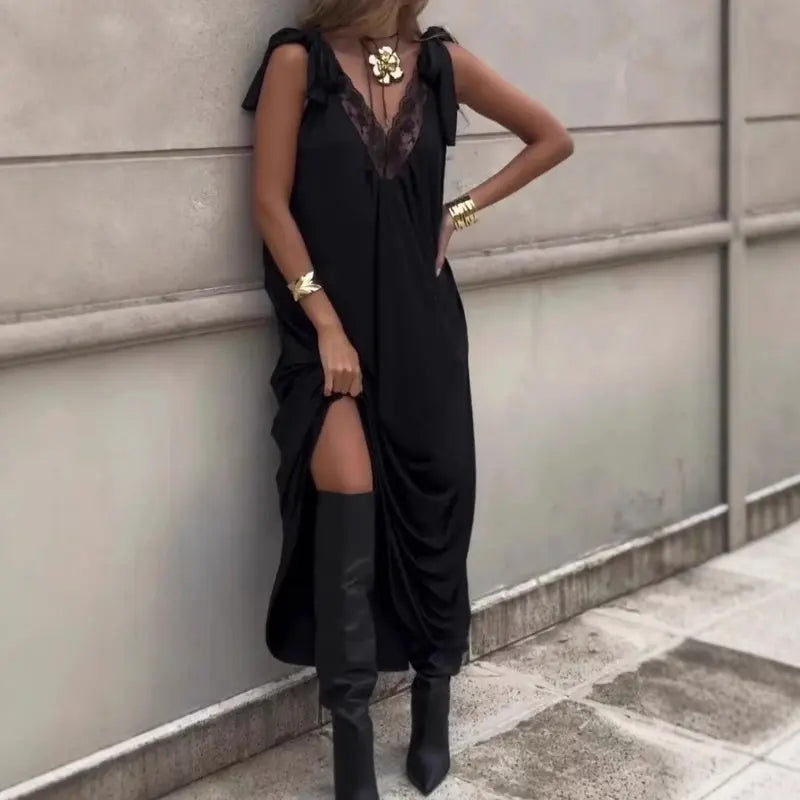 💃Elegantes Spitzen-Maxikleid mit V-Ausschnitt – Ärmellos, 🌸atmungsaktiv & vielseitig für jeden Anlass | Gr. S-3XL | Schwarz