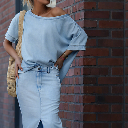 ⏳Begrenzte Zeit 50% Rabatt⏰Damen diagonales Schultertop mit gespaltenem Denim-Maxirock
