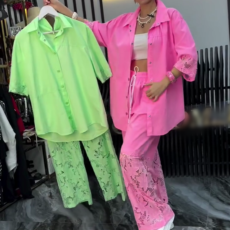 Damen-Zweiteiler: Bluse mit Knopfleiste & Hose