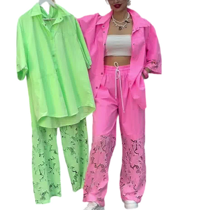 Damen-Zweiteiler: Bluse mit Knopfleiste & Hose