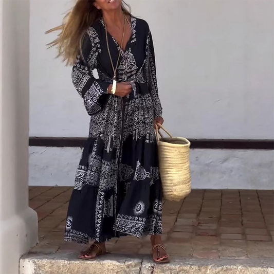 Damen lässiges, bedrucktes und fließendes Kleid mit V-Ausschnitt