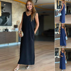 V-Neck Solid Color Sleeveless Dress