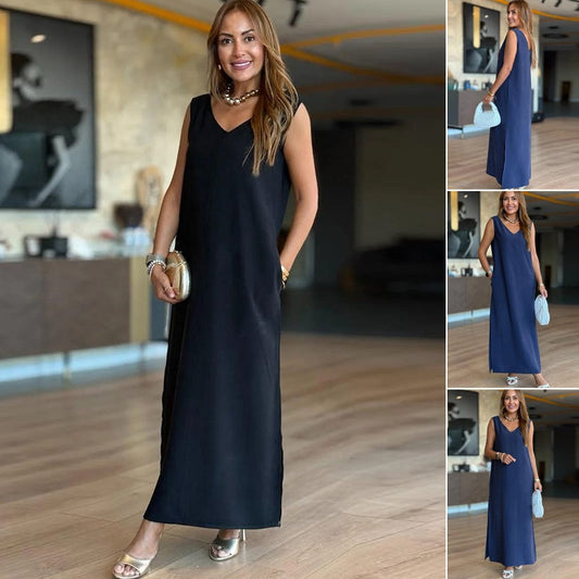 V-Neck Solid Color Sleeveless Dress