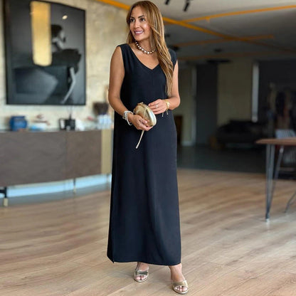 V-Neck Solid Color Sleeveless Dress
