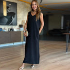 V-Neck Solid Color Sleeveless Dress