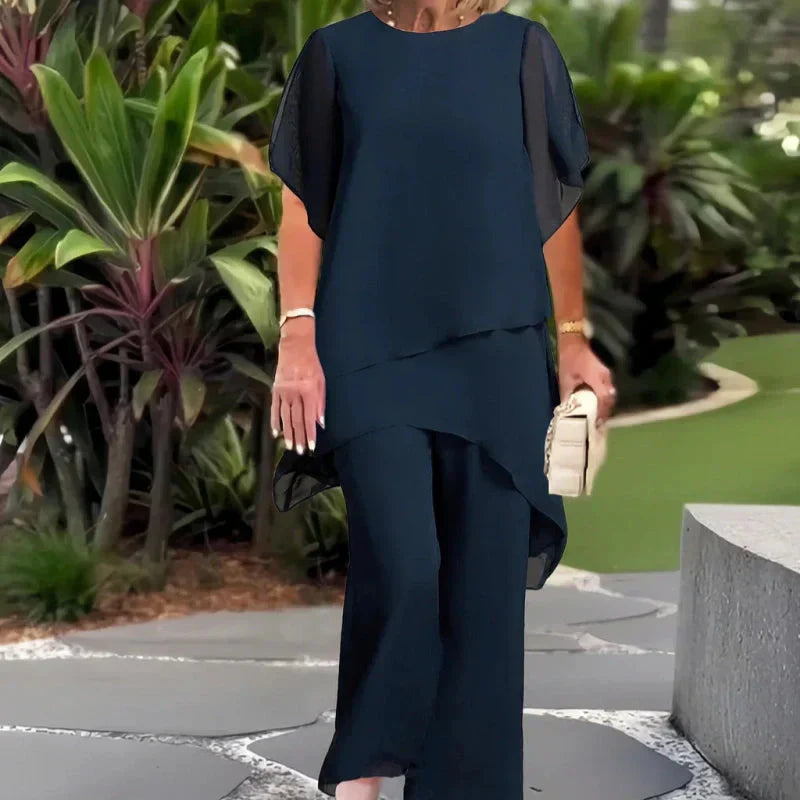 Damen-Zweiteiler: Charmantes asymmetrisches Top & Hose mit weitem Bein