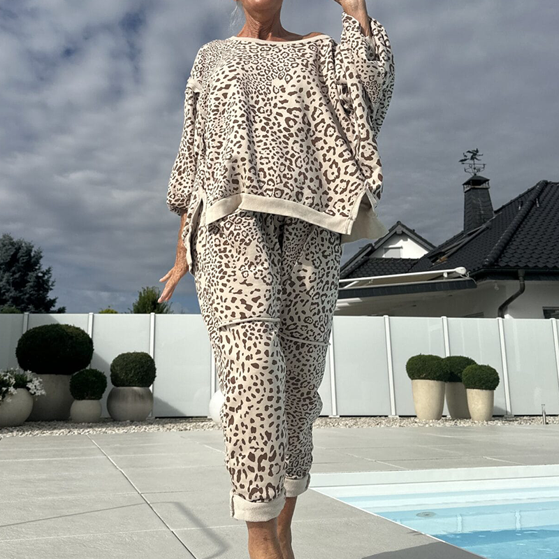💃2-teiliges Oberteil- und Hosenset mit Leopardenmuster für Damen ☕ – Lockere Passform, perfekt für Brunch oder Besorgungen am Wochenende ✨
