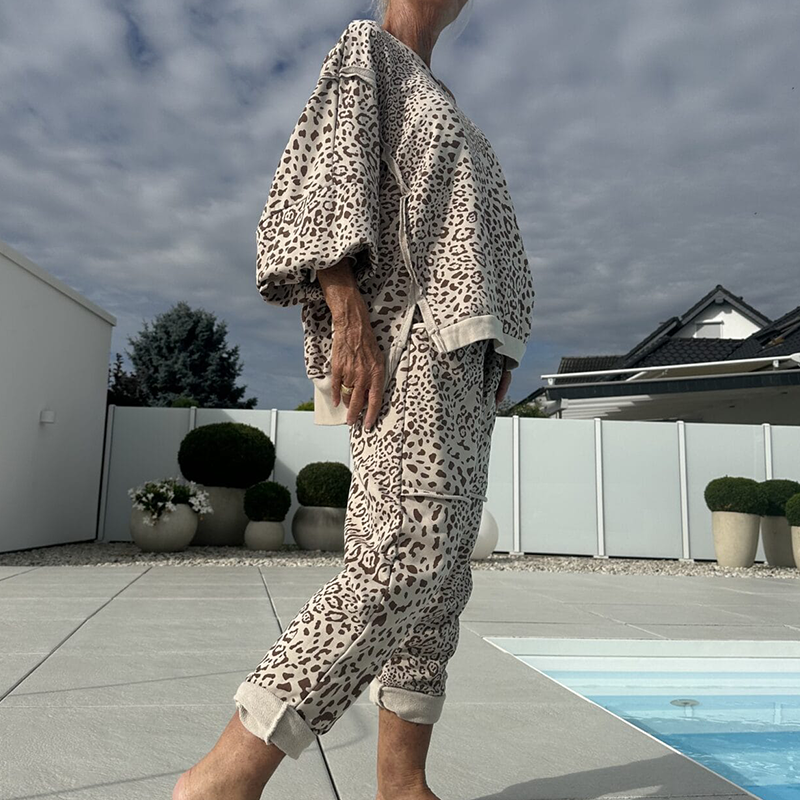 💃2-teiliges Oberteil- und Hosenset mit Leopardenmuster für Damen ☕ – Lockere Passform, perfekt für Brunch oder Besorgungen am Wochenende ✨