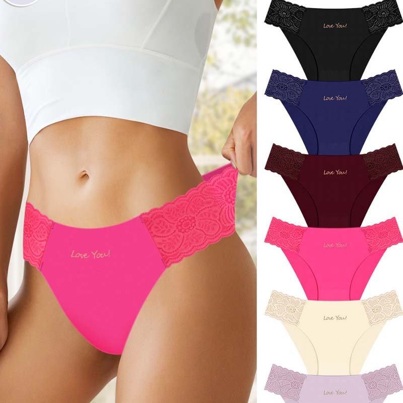 Atmungsaktiver Slip für Damen mit Buchstabenmuster und Spitzenbesatz