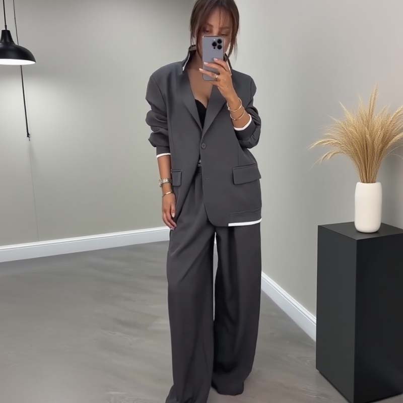 🍁🔥Begrenztes Angebot: Herbstneuheiten heute 61% reduziert! Damen-Zweiteiler: Blazer mit langen Ärmeln & Hose mit weitem Bein
