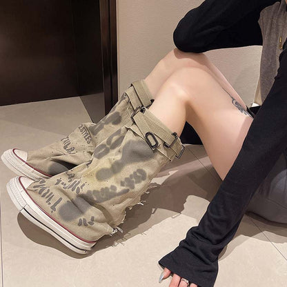 💗LETZTER TAG AKTION - 76% RABATT💗Flache Retro-Stiefel aus Canvas mit mittlerem Schaft für Damen📦Freie Lieferung