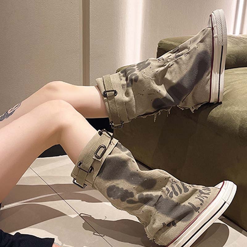 💗LETZTER TAG AKTION - 76% RABATT💗Flache Retro-Stiefel aus Canvas mit mittlerem Schaft für Damen📦Freie Lieferung
