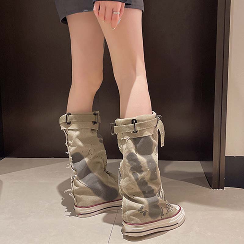 💗LETZTER TAG AKTION - 76% RABATT💗Flache Retro-Stiefel aus Canvas mit mittlerem Schaft für Damen📦Freie Lieferung