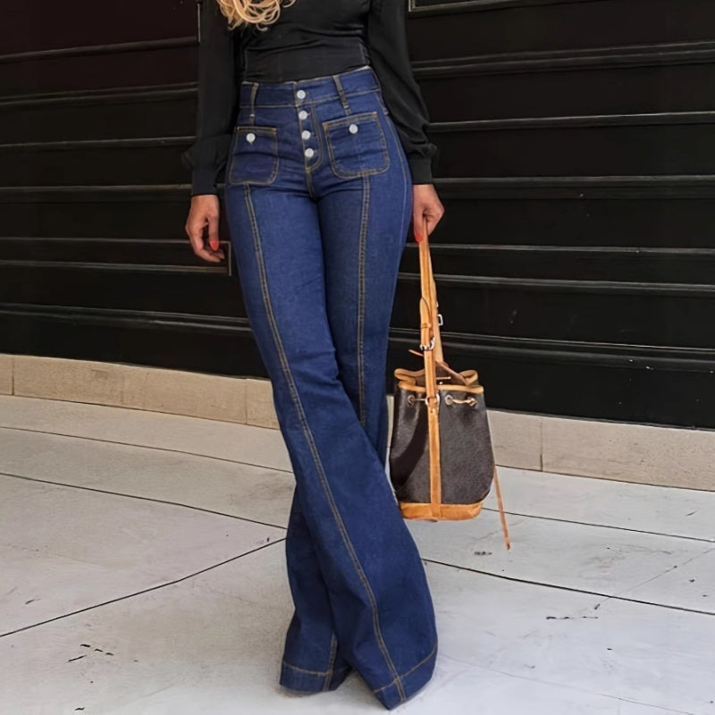 🔥Solange der Vorrat reicht 40 % Rabatt!🎉High-Waist Jeans mit Knopfleiste – Figurbetonte Schlaghose für Damen 👖✨