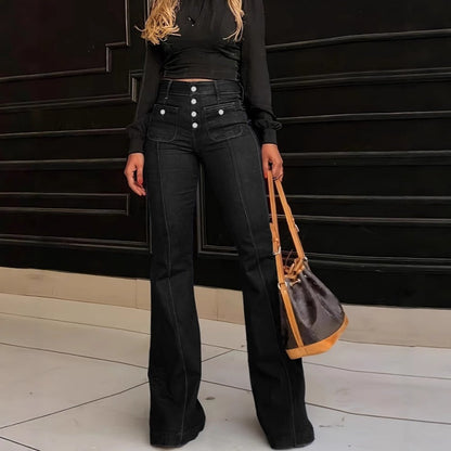 🔥Solange der Vorrat reicht 40 % Rabatt!🎉High-Waist Jeans mit Knopfleiste – Figurbetonte Schlaghose für Damen 👖✨