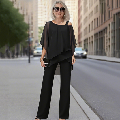 ⏳Limitiertes 50 % Rabatt+KOSTENLOSER VERSAND⏰Unregelmäßiges Chiffon-Oberteil für Damen ＆ Weite Hose 2-teiliges Set👚👖