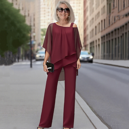 ⏳Limitiertes 50 % Rabatt+KOSTENLOSER VERSAND⏰Unregelmäßiges Chiffon-Oberteil für Damen ＆ Weite Hose 2-teiliges Set👚👖