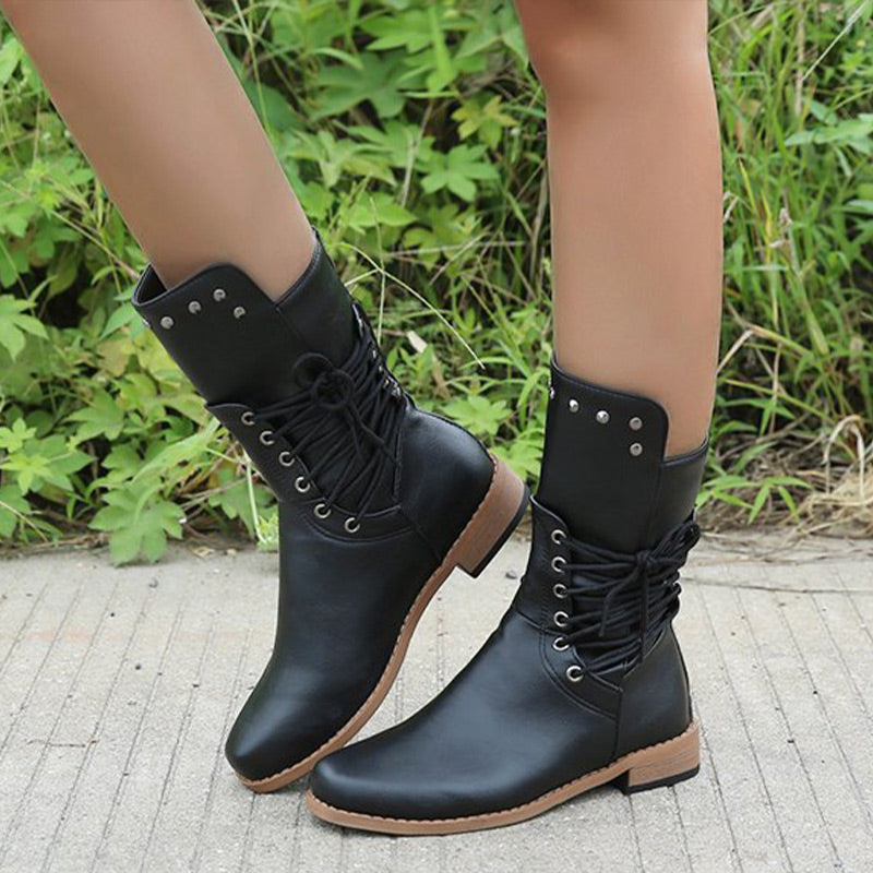 Damen Schnürstiefel mit niedrigem Absatz und runder Spitze
