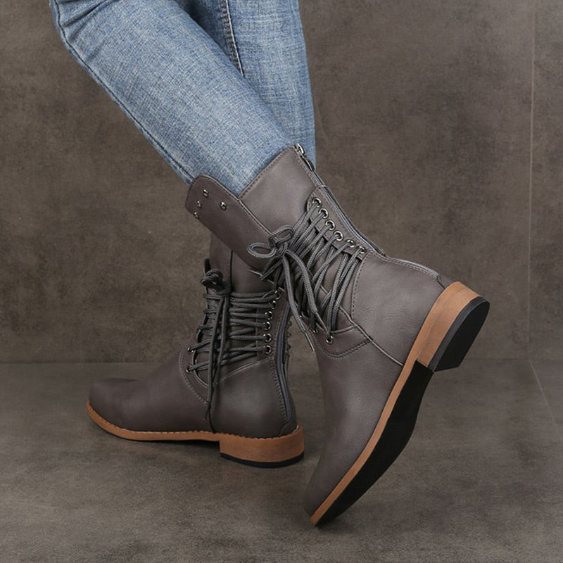 Damen Schnürstiefel mit niedrigem Absatz und runder Spitze