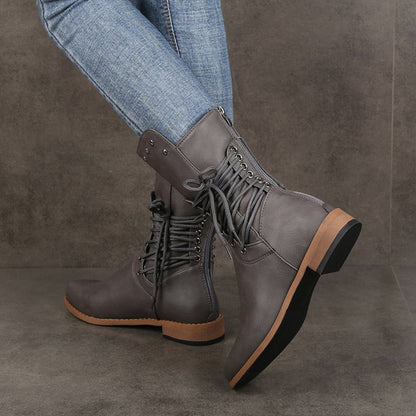 Damen Schnürstiefel mit niedrigem Absatz und runder Spitze🚀Versandkostenfrei