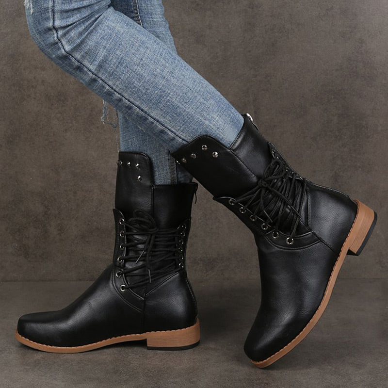 Damen Schnürstiefel mit niedrigem Absatz und runder Spitze🚀Versandkostenfrei