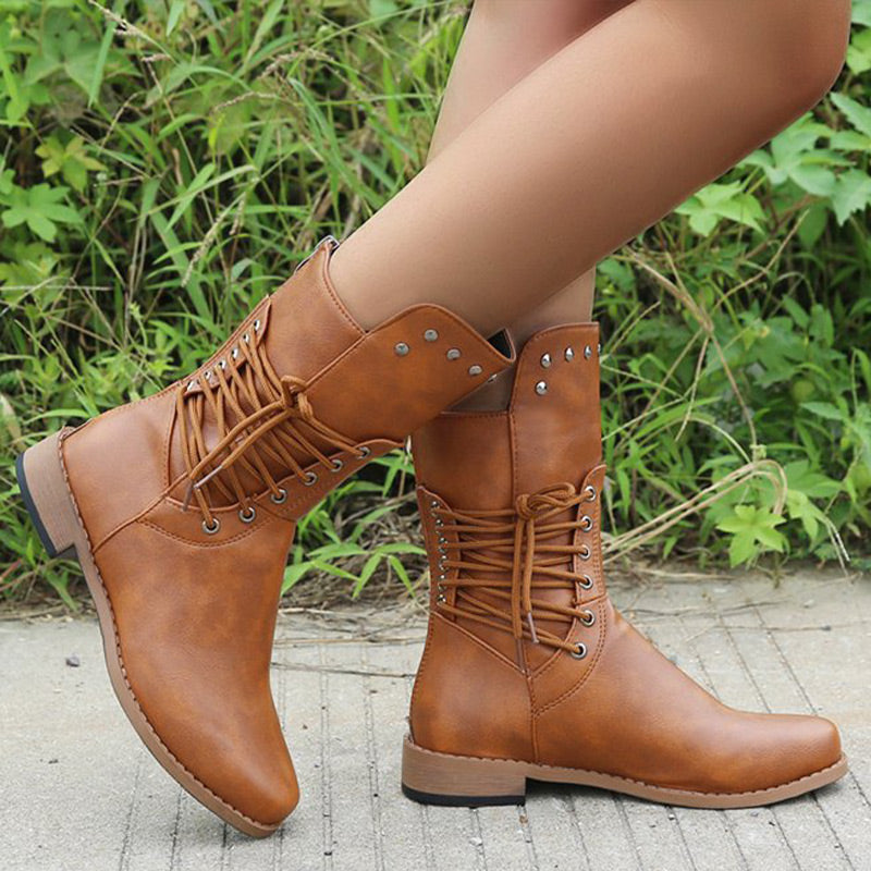 Damen Schnürstiefel mit niedrigem Absatz und runder Spitze