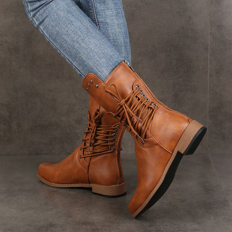 Damen Schnürstiefel mit niedrigem Absatz und runder Spitze🚀Versandkostenfrei