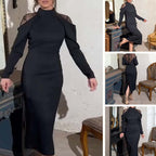 👗Damen elegantes Midikleid mit Stehkragen und Spitzen-Detail am Rücken