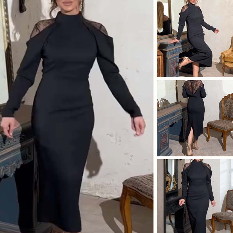 👗Damen elegantes Midikleid mit Stehkragen und Spitzen-Detail am Rücken