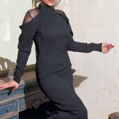 👗Damen elegantes Midikleid mit Stehkragen und Spitzen-Detail am Rücken