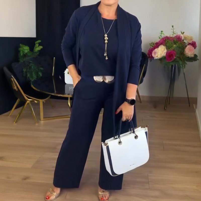 🌸Herbstverkauf👗 Elegantes dreiteiliges Set mit langem Cardigan – Weicher Stoff, stilvolles Oberteil und Hose, perfekt für den Weg zur Arbeit und den Alltag. ✨