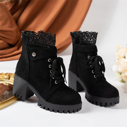 Damen-Stiefeletten mit dickem Absatz und Spitze