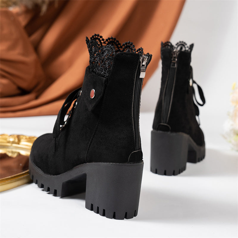 Damen-Stiefeletten mit dickem Absatz und Spitze