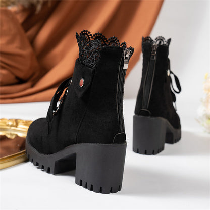 Damen-Stiefeletten mit dickem Absatz und Spitze