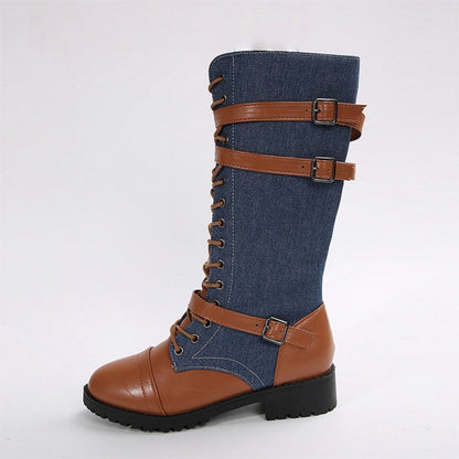 Vintage-Kampfstiefel für Damen mit Schnürsenkeln und Schnalle