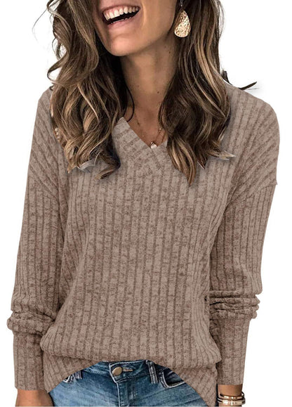 🎁Begrüßen Sie Weihnachten mit 50 % Rabatt💥Damen-Pullover mit V-Ausschnitt und langen Ärmeln in Uni-Farbe