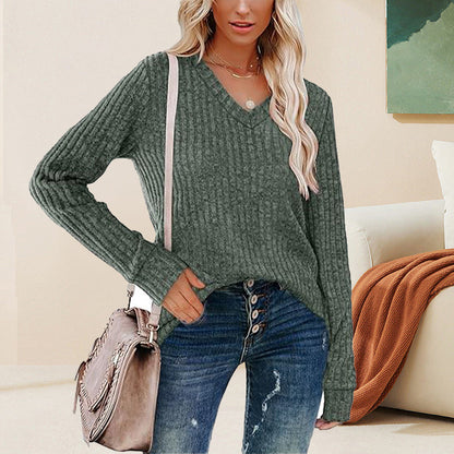 🎁Begrüßen Sie Weihnachten mit 50 % Rabatt💥Damen-Pullover mit V-Ausschnitt und langen Ärmeln in Uni-Farbe