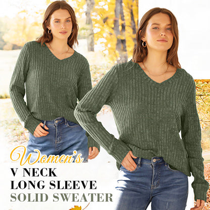 🎁Begrüßen Sie Weihnachten mit 50 % Rabatt💥Damen-Pullover mit V-Ausschnitt und langen Ärmeln in Uni-Farbe