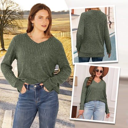 🎁Begrüßen Sie Weihnachten mit 50 % Rabatt💥Damen-Pullover mit V-Ausschnitt und langen Ärmeln in Uni-Farbe