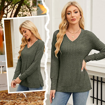 🎁Begrüßen Sie Weihnachten mit 50 % Rabatt💥Damen-Pullover mit V-Ausschnitt und langen Ärmeln in Uni-Farbe
