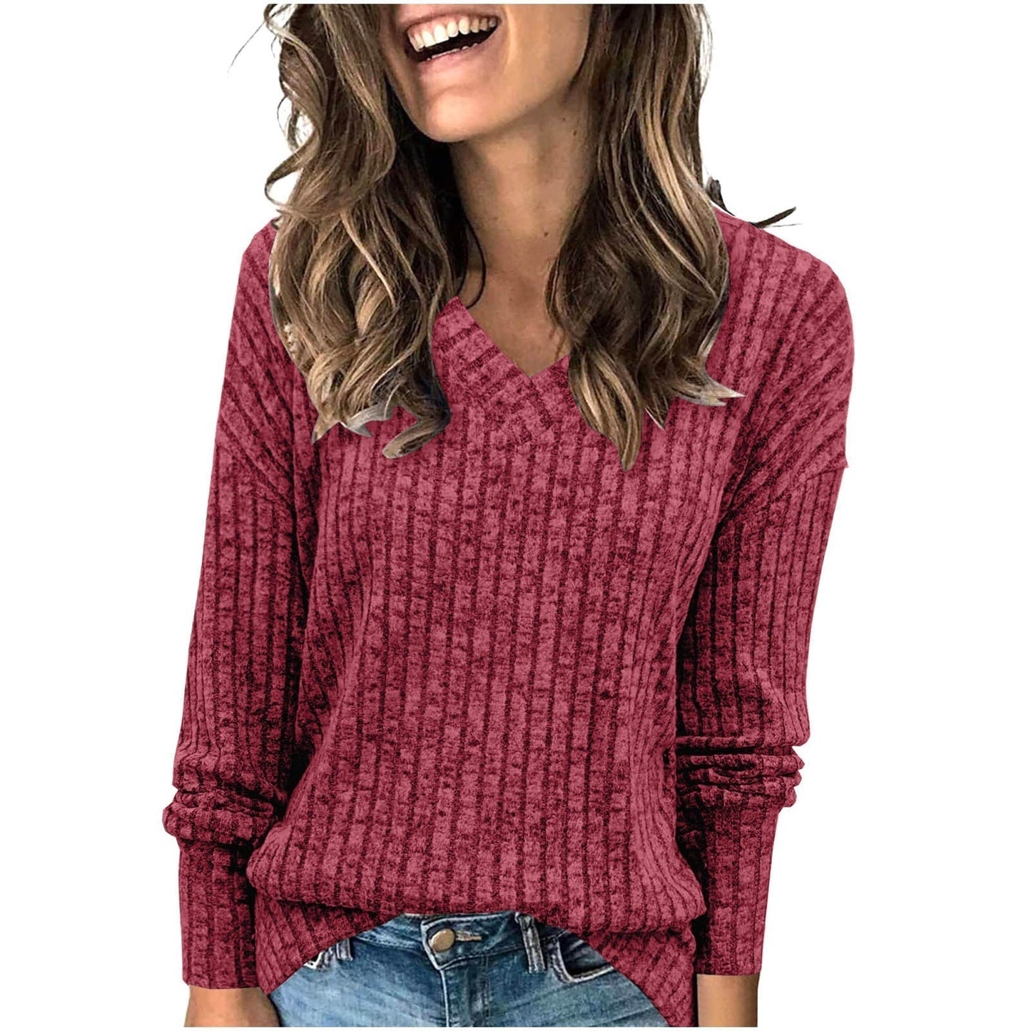 🎁Begrüßen Sie Weihnachten mit 50 % Rabatt💥Damen-Pullover mit V-Ausschnitt und langen Ärmeln in Uni-Farbe