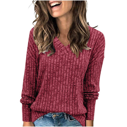🎁Begrüßen Sie Weihnachten mit 50 % Rabatt💥Damen-Pullover mit V-Ausschnitt und langen Ärmeln in Uni-Farbe