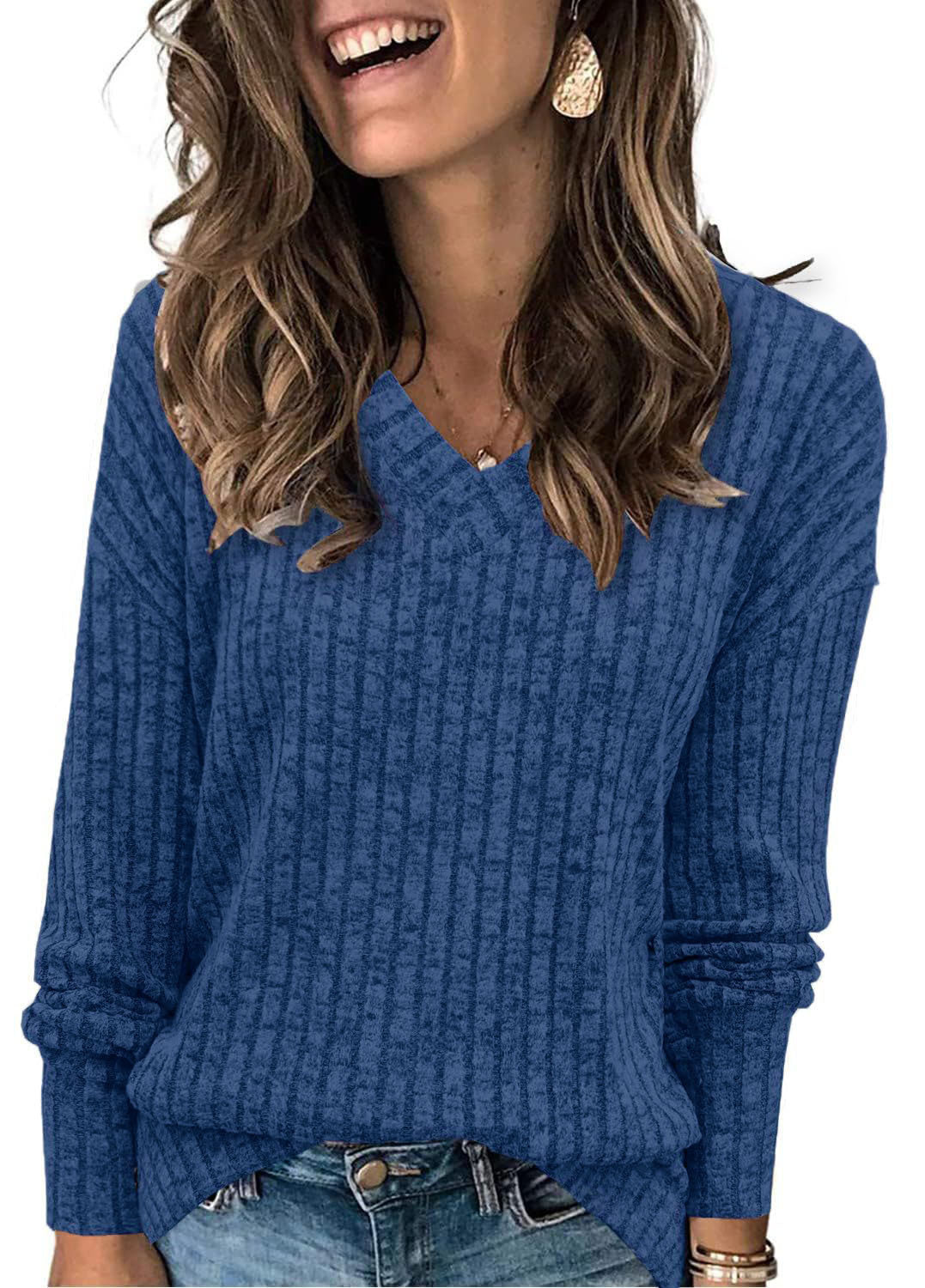 🎁Begrüßen Sie Weihnachten mit 50 % Rabatt💥Damen-Pullover mit V-Ausschnitt und langen Ärmeln in Uni-Farbe