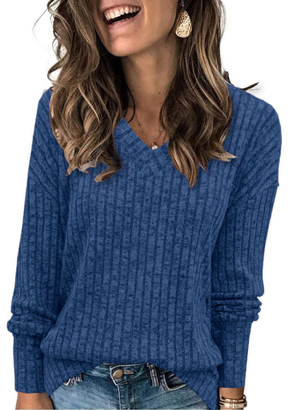 🎁Begrüßen Sie Weihnachten mit 50 % Rabatt💥Damen-Pullover mit V-Ausschnitt und langen Ärmeln in Uni-Farbe