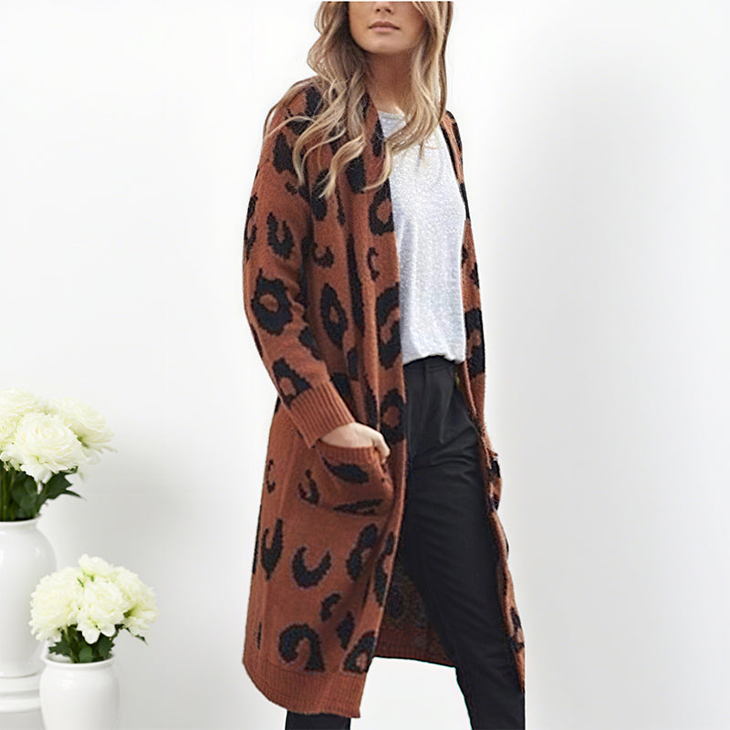 🧥Damenmode Strickjacke mit Leopardenmuster