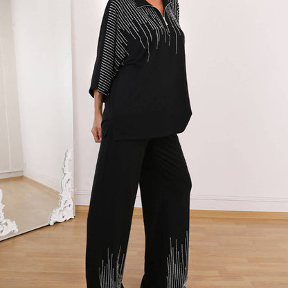 🔥Kostenloser Versand  Damen Zweiteiler mit Strass: Oberteil mit halbem Reißverschluss & weite Hose