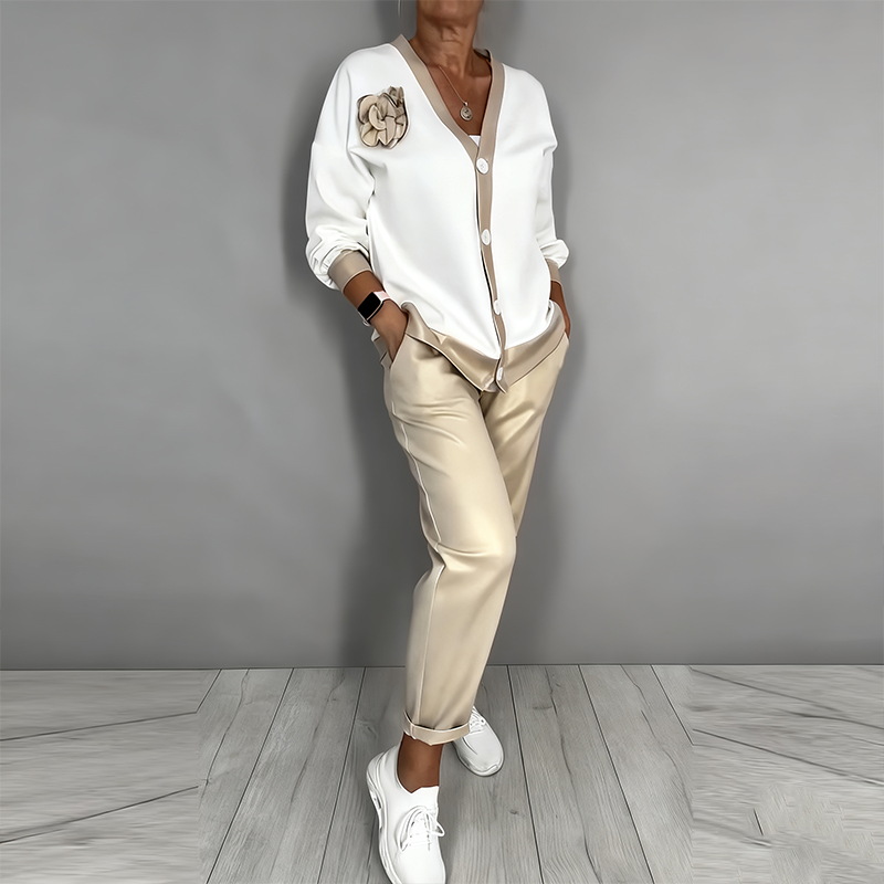🔥Zeitlich begrenztes Angebot – 2-teiliges Set aus lässigem Damen-Oberteil mit V-Ausschnitt und Hose mit hoher Taille