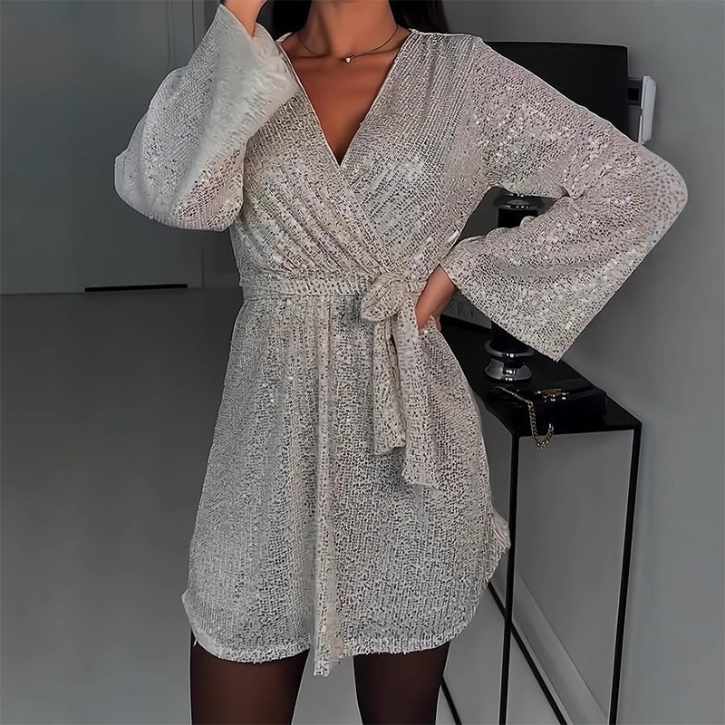 🎁Große Aktion Versandkostenfrei 🎁Zeitlich begrenztes Angebot – Glitzerndes Damenkleid mit V-Ausschnitt, langen Ärmeln und Taillengürtel