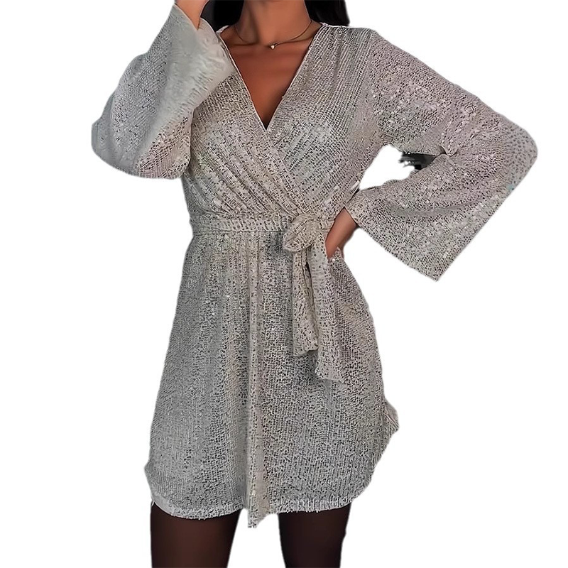 🎁Große Aktion Versandkostenfrei 🎁Zeitlich begrenztes Angebot – Glitzerndes Damenkleid mit V-Ausschnitt, langen Ärmeln und Taillengürtel