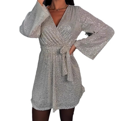 🎁Große Aktion Versandkostenfrei 🎁Zeitlich begrenztes Angebot – Glitzerndes Damenkleid mit V-Ausschnitt, langen Ärmeln und Taillengürtel
